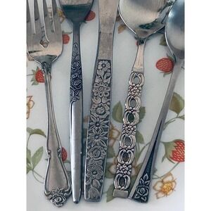 Vintage Mismatched Stainless Flatware Set Service for 4 20pc Floral Boho MCM